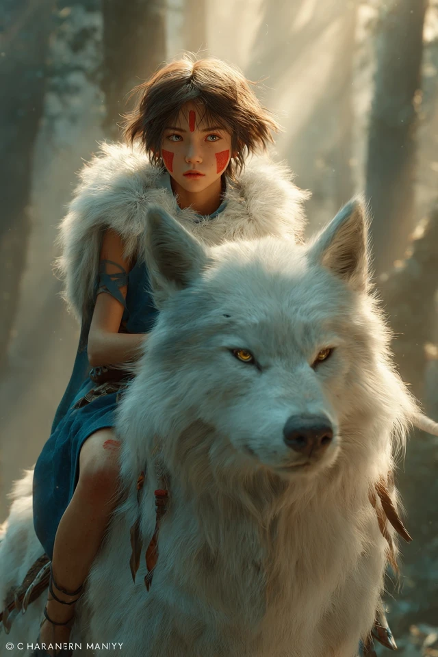 Young Girl and White Wolf in Mystical Forest Photo