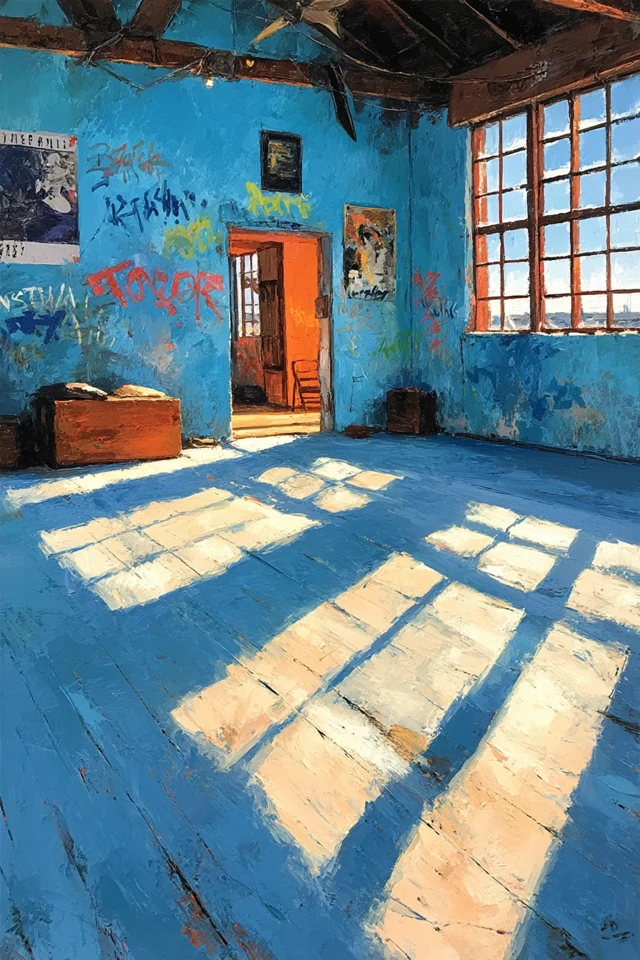 Peaceful Dojo Interior Oil Painting Sunshine Graffiti