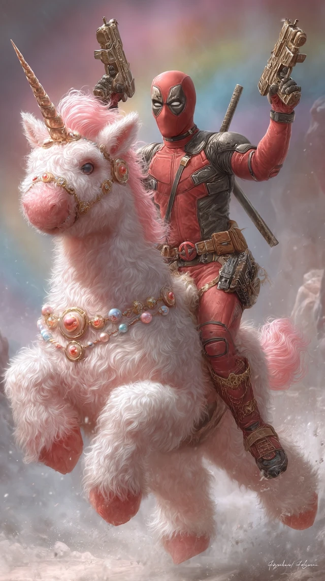 Deadpool Rides a Unicorn Epic Parody Art