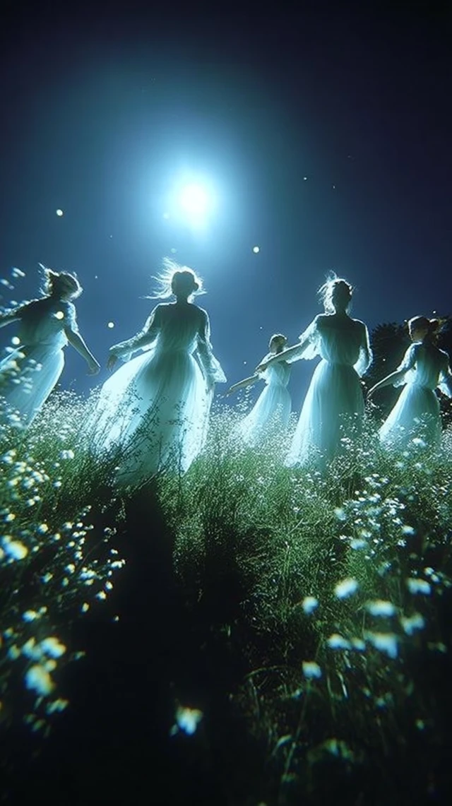 Witches Dancing Moonlight Dreamy Night Scene