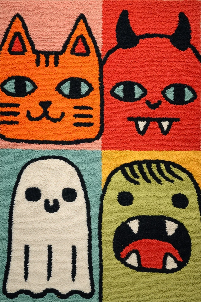 Colorful Cartoon Rug with Monster Faces