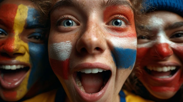 Soccer Fans Celebrating Painted Faces and National Flags