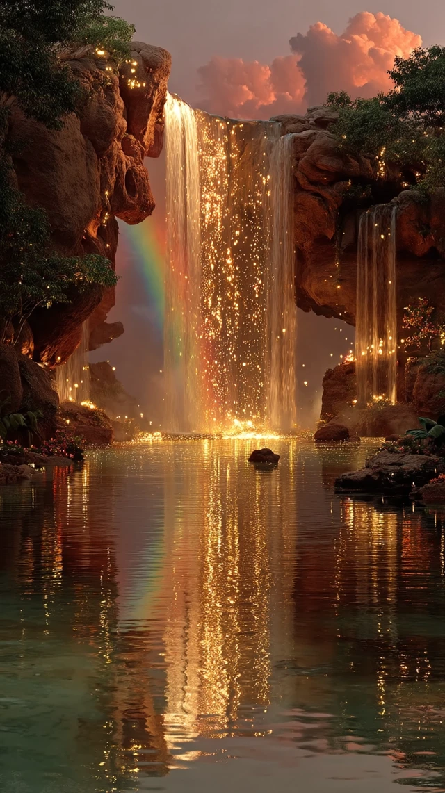 Rainbow Waterfall Scene: Pastel Sky, Golden Sunlight, Peaceful View
