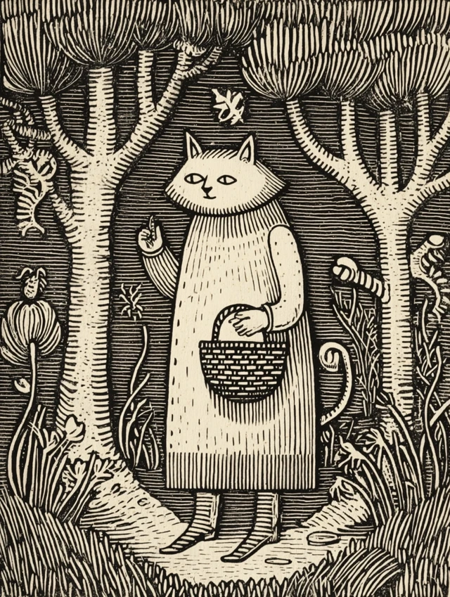 Medieval Engraving of a Cat in the Forest