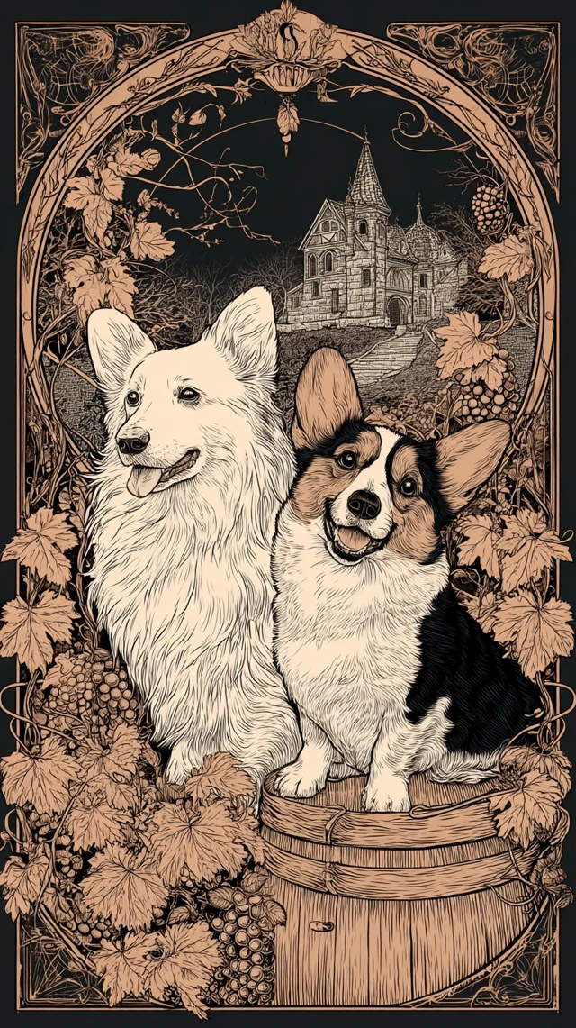 Dog Wine Label Art Nouveau Style