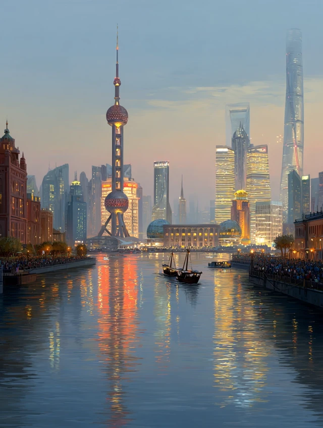 Shanghai Skyline Dusk Painting Oriental Pearl and Bund