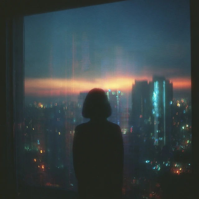 Woman at Window Cityscape Dreamy Dusk