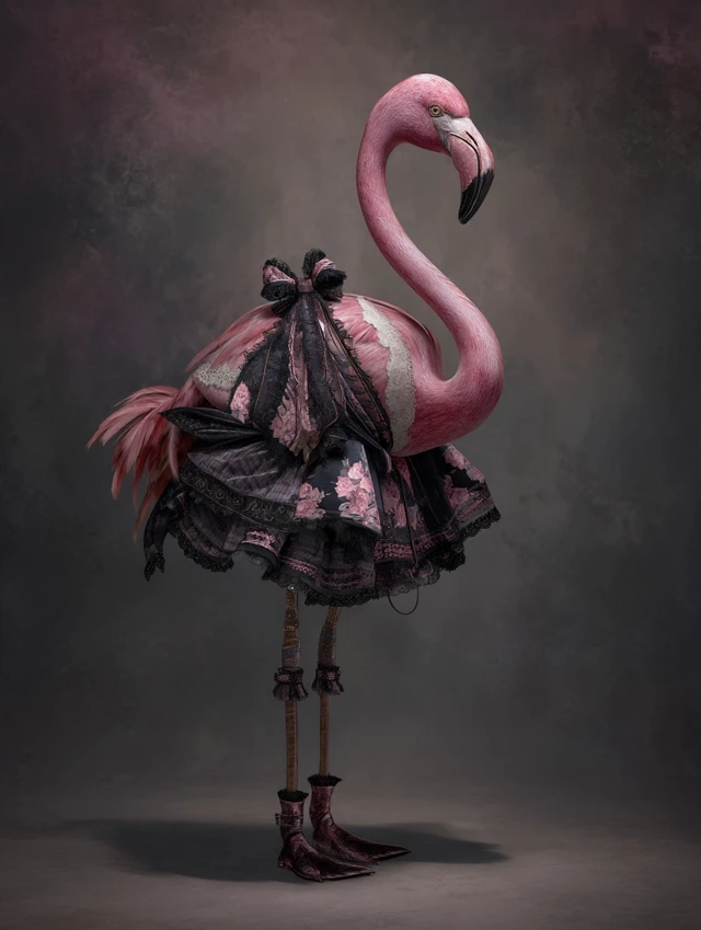 Gothic Flamingo Portrait In Stylish Attire