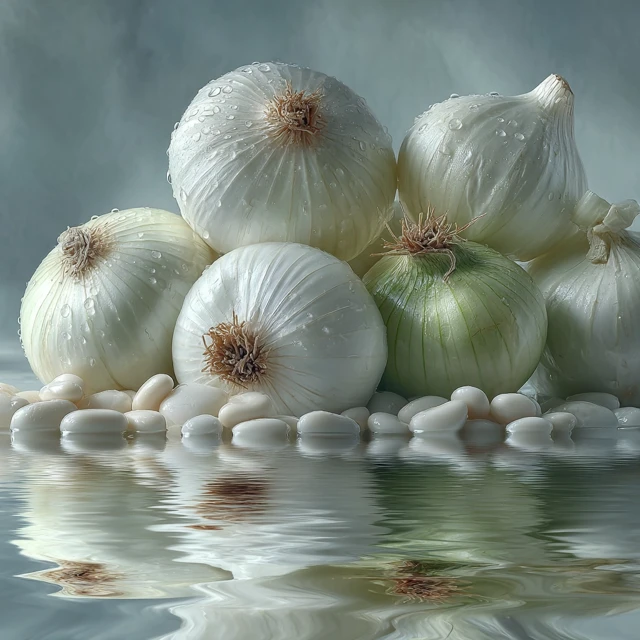 White Onions and Beans in Water Photography