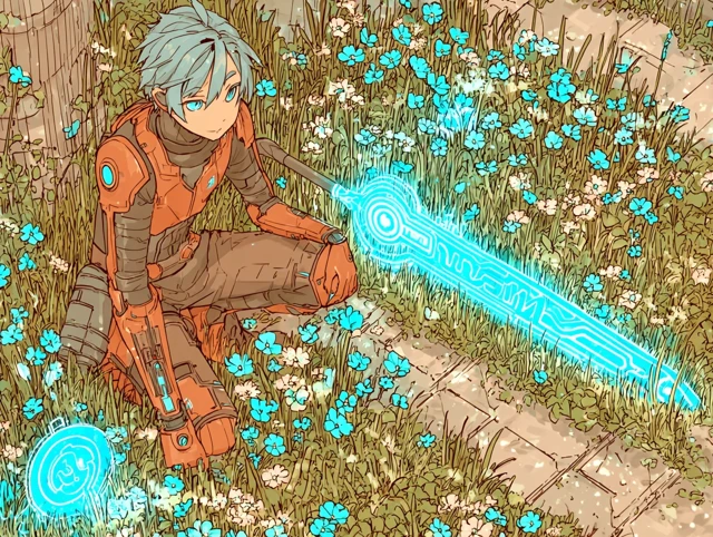 Cyberpunk Cyborg Woman in a Field of Flowers