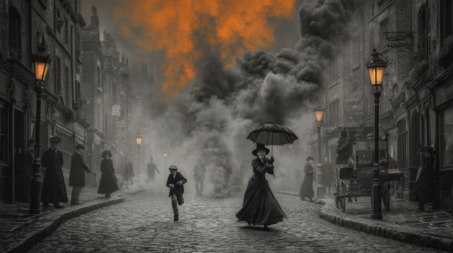 Victorian London Street Scene in Grayscale