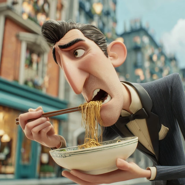 Mafia Boss Enjoying Noodles Cartoon Style