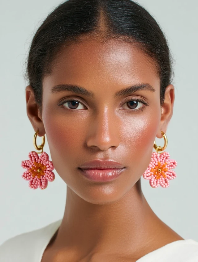 Pink Beaded Flower Earrings Gold Huggie Hoops Editorial