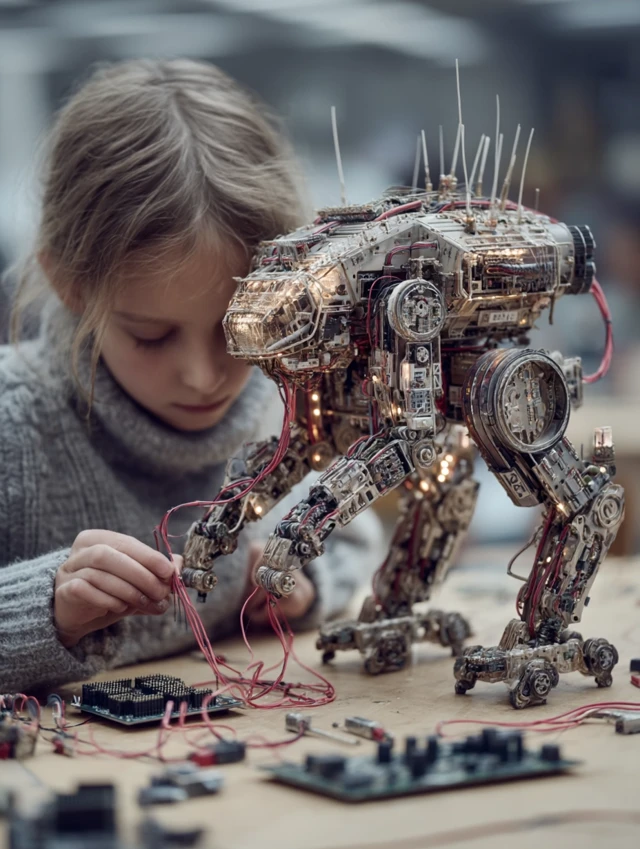 Young Girl Builds Robot In School Lab