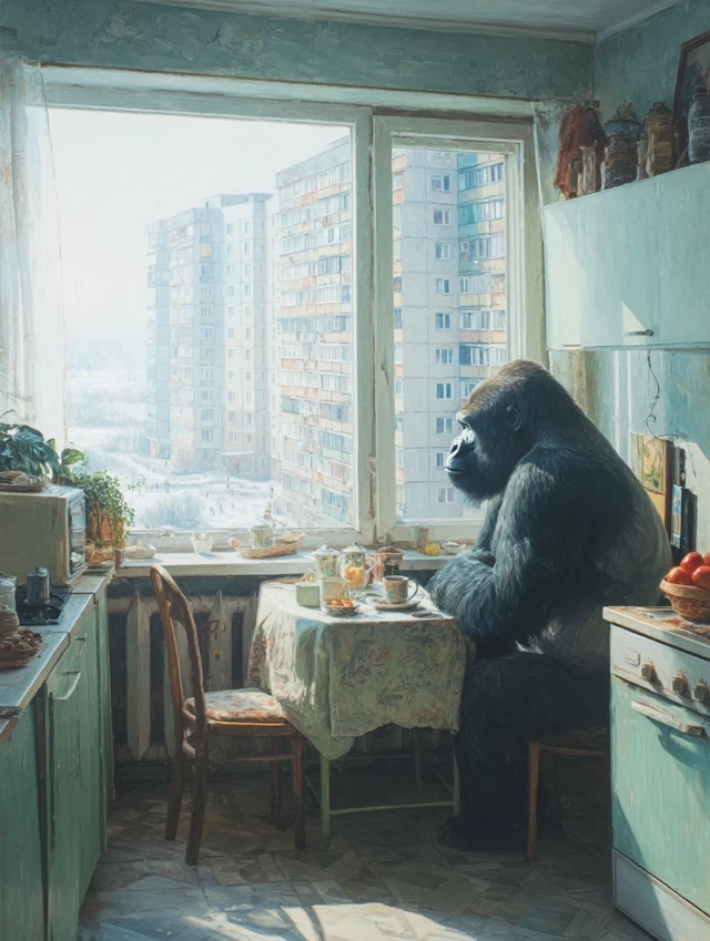 Gorilla in Soviet Kitchen: Hyperrealistic Scene