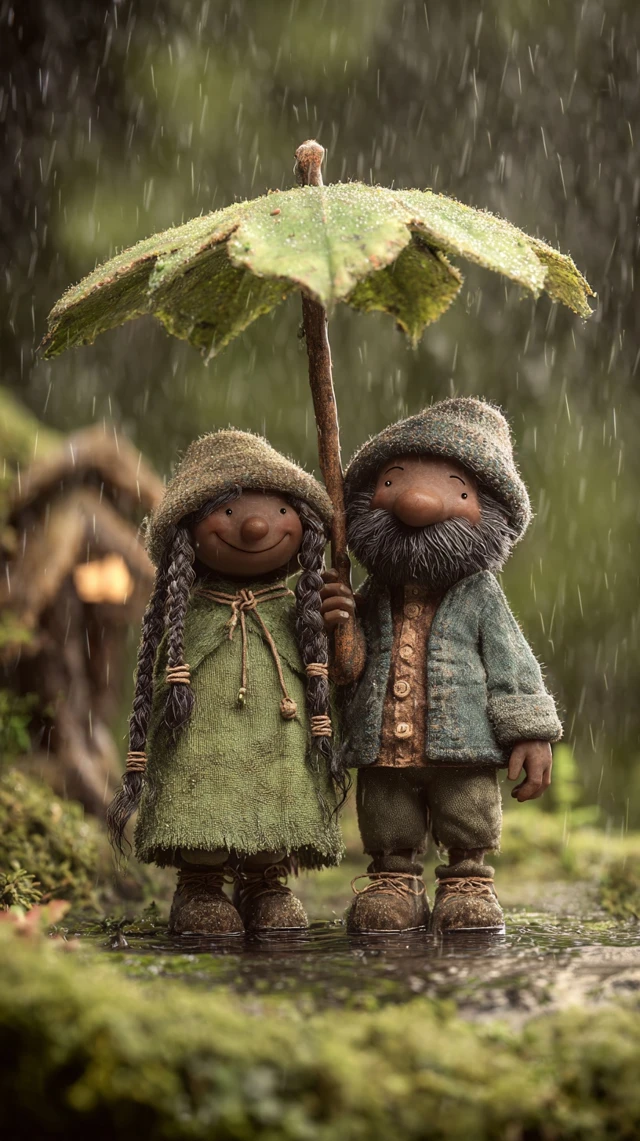 Gnome Couple in Forest Rain Charming Illustration