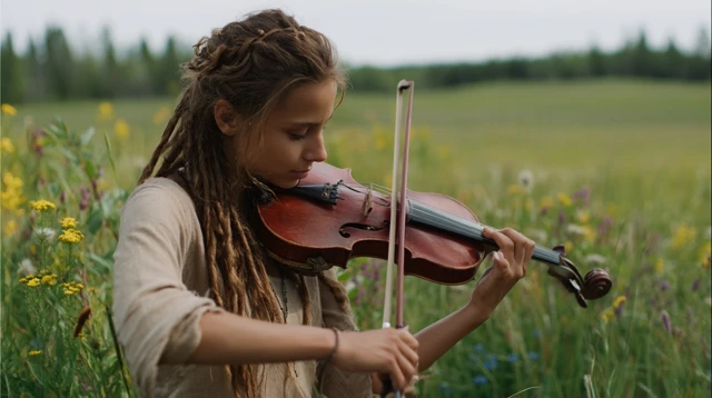 Young Woman Playing Violin in a Meadow
