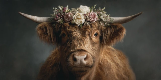 Highland Cow Oil Painting with Floral Crown Vintage Style