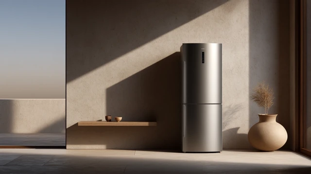 Minimalist Kitchen Design with Stainless Steel Refrigerator