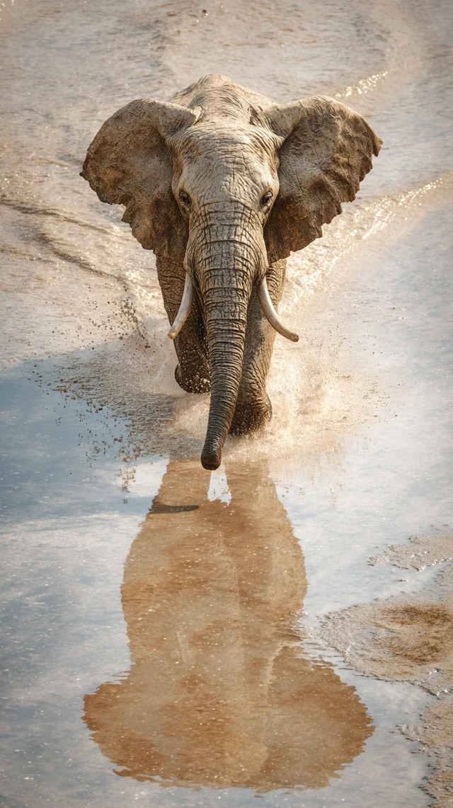 Elephant Running in Muddy River