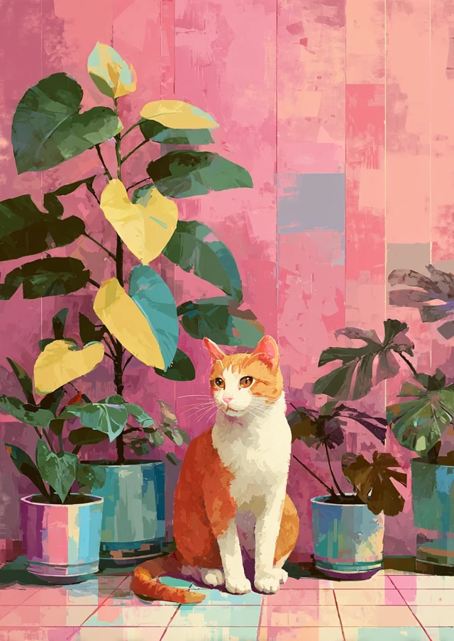 Retro Cat Painting Pastel Colors Plants