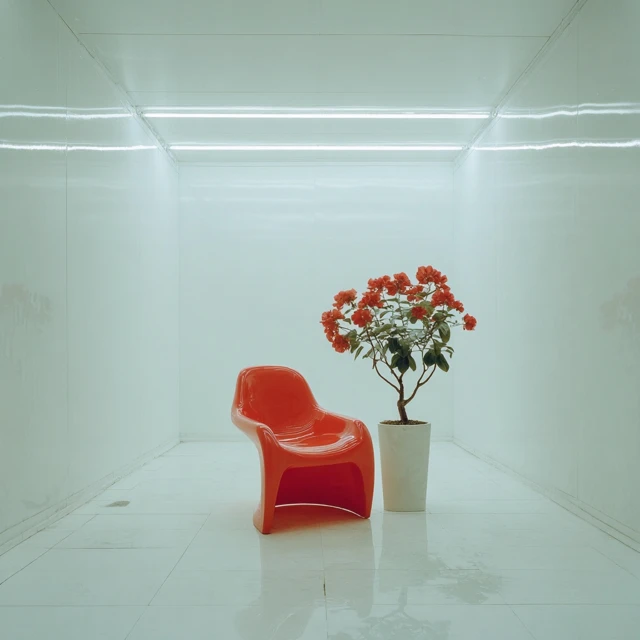 Minimalist Interior Red Chair and Plant Installation