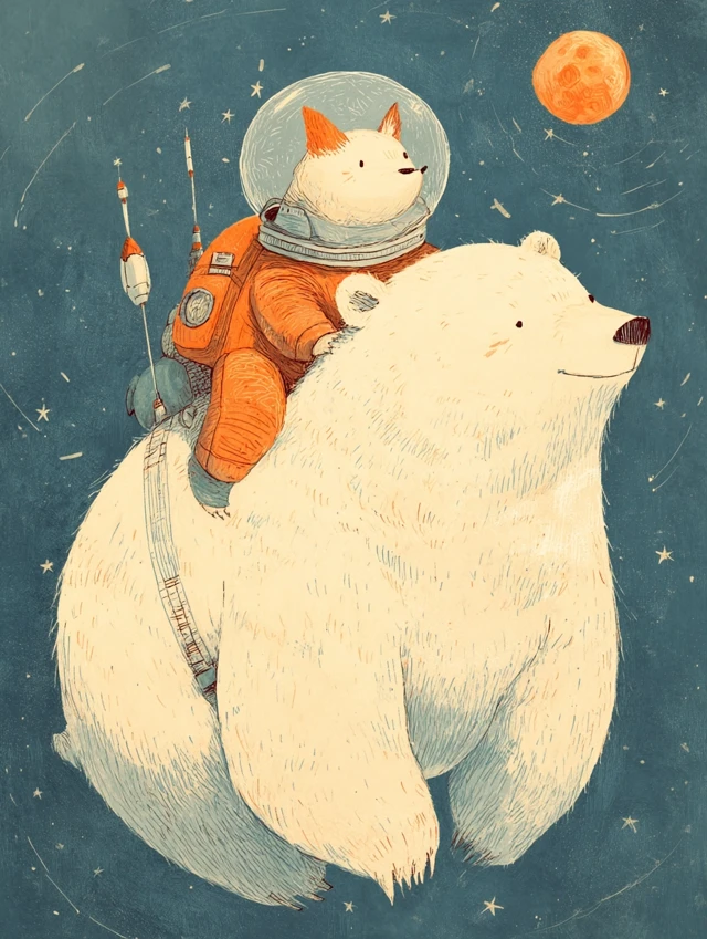 Cute Bear and Dog Astronauts on the Moon - Kawaii Illustration