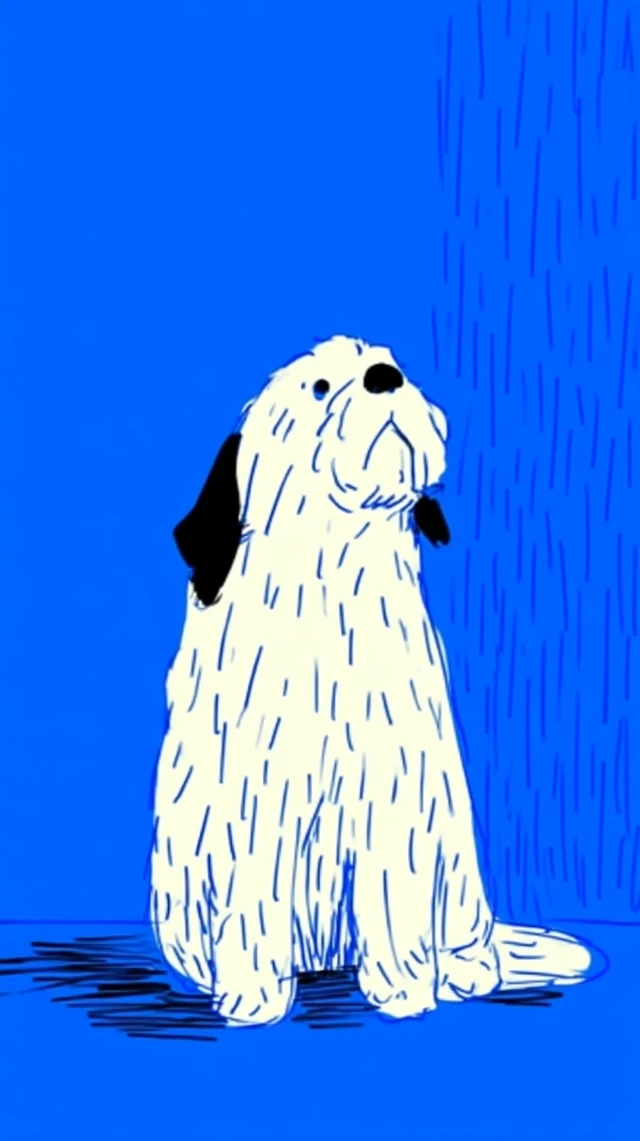 Sad Puppy Illustration Minimalist Blue Background