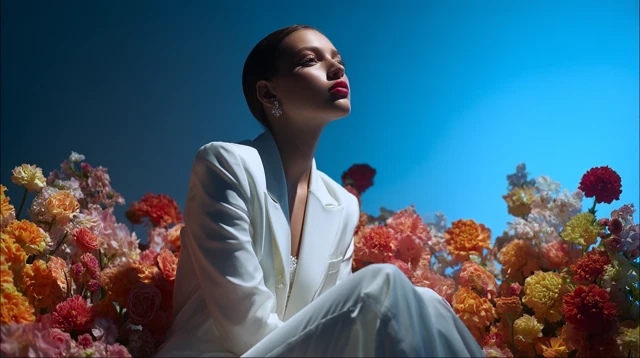 Floral Personification Female Model in White Suit