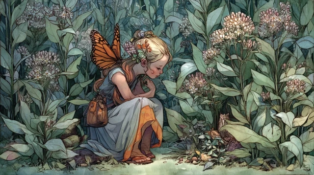 Milkweed Fairy and Monarch Butterfly Watercolor Art