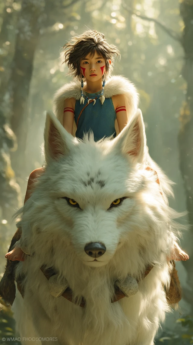 Chinese Girl on White Wolf Mystical Forest