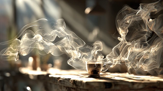 Steaming Coffee Cup on Rustic Table Cozy Atmosphere