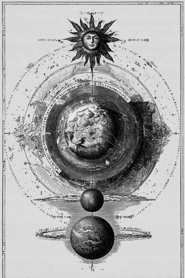 Vintage Scientific Sketch: Earth, Sun, and Mars