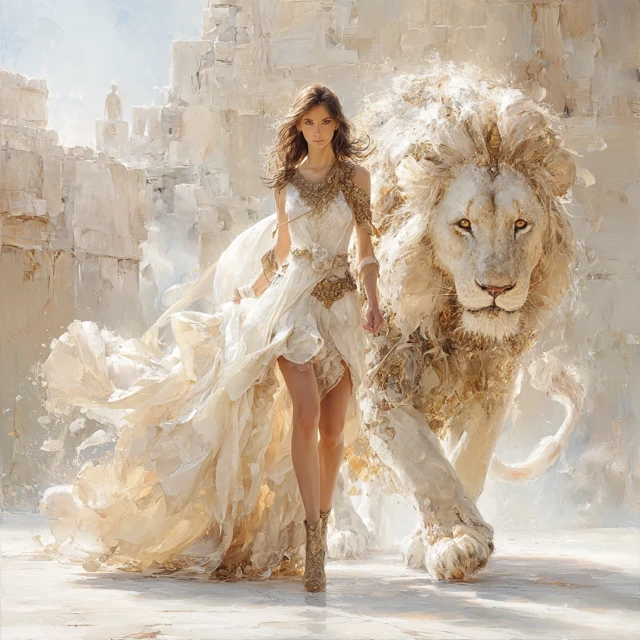 Israeli Girl and Lion Spirit: Fantasy Art