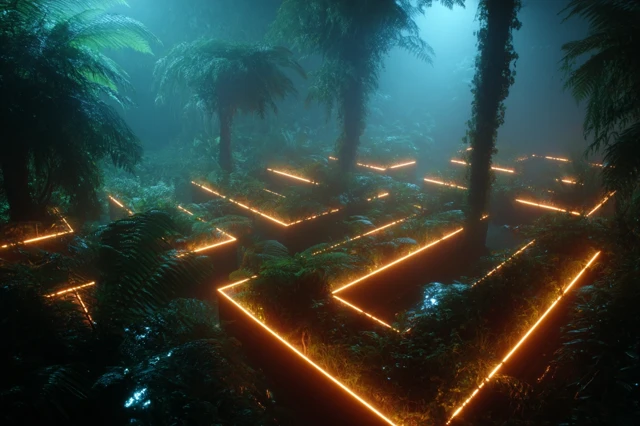 Glowing Circuit Maze in a Jungle Fog