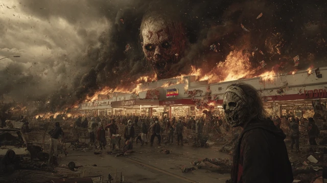 Apocalyptic Stripmall Looters and Fire Daytime Scene