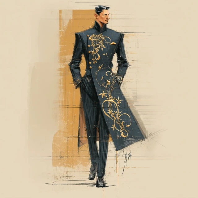 High Fashion Illustration: East Asian Model in Navy Coat