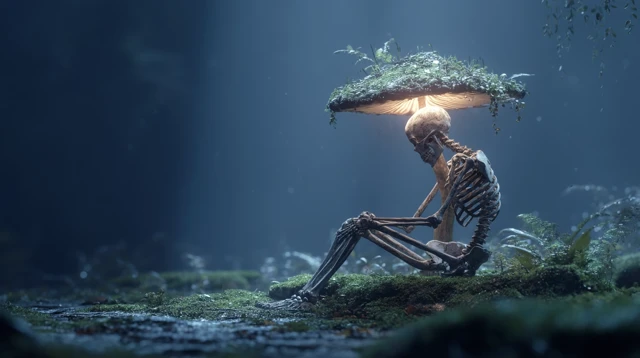 Glowing Skeleton in Fantasy Forest with Mushrooms