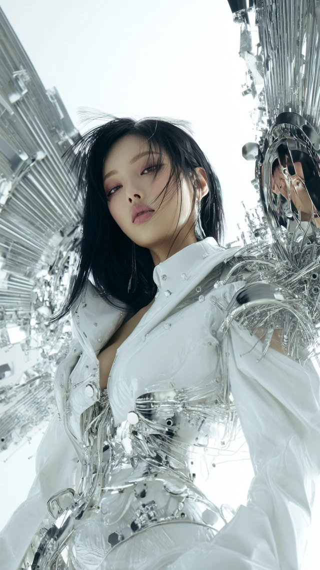 Futuristic South Korean Woman in Cyberpunk Fashion