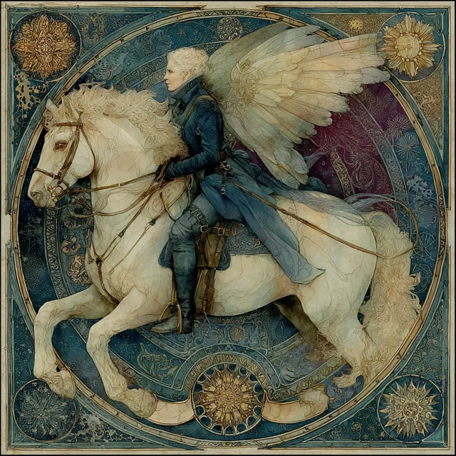 Equestrian Woman Riding Winged Horse in Klimt Style