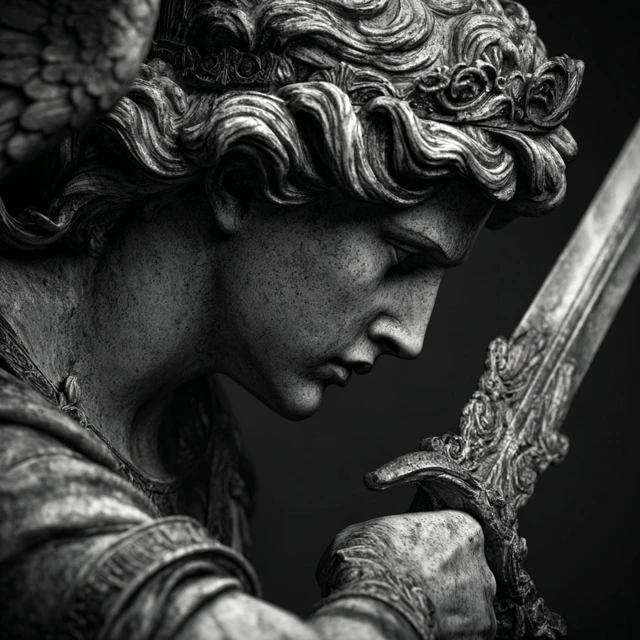 St Michael Statue Holding Sword Side Profile Black and Grey