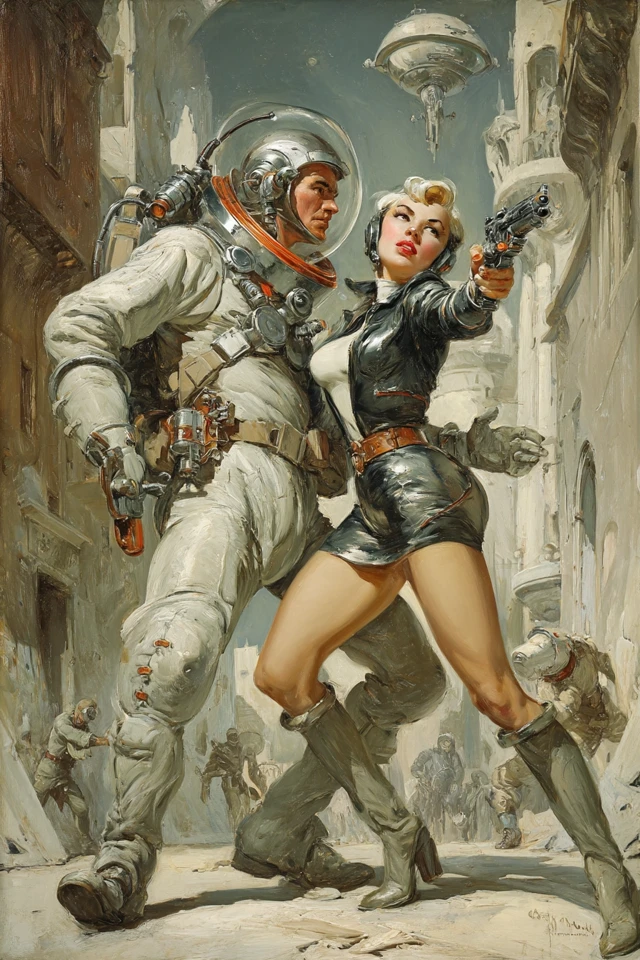 Retro SciFi Painting Man and Woman in Alien City