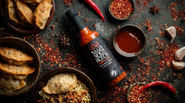 Schezwan Hot Sauce with Noodles and Momos Food Photo