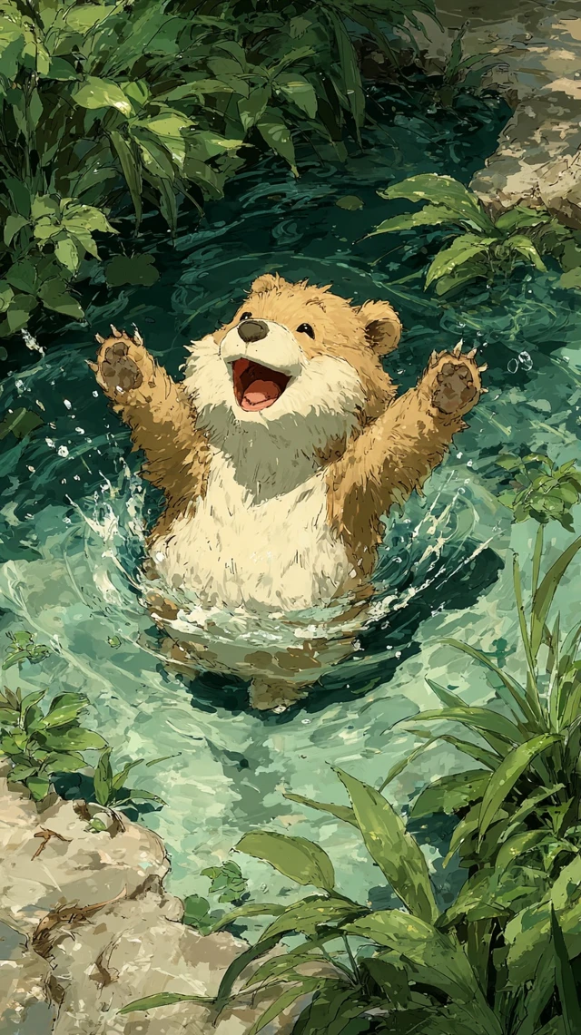 Joyful Bear Cub Splashing Watercolor Illustration