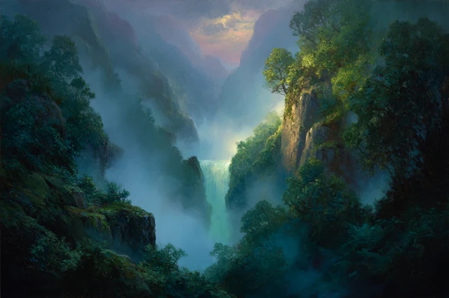 Lush Canyon Oil Painting: Waterfall in Twilight