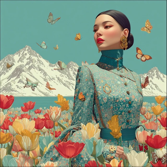 Uyghur Woman in Tulips Serene Luxury Portrait