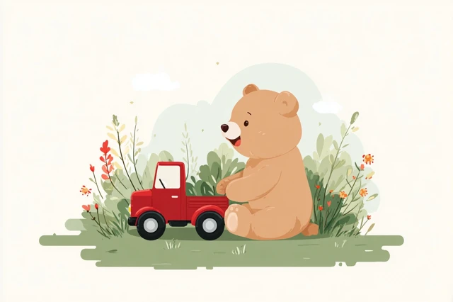 Cute Bear Cub Playing with Toy Truck Illustration