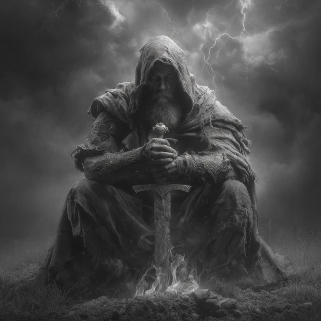 Warrior with Sword in Dramatic Black and White