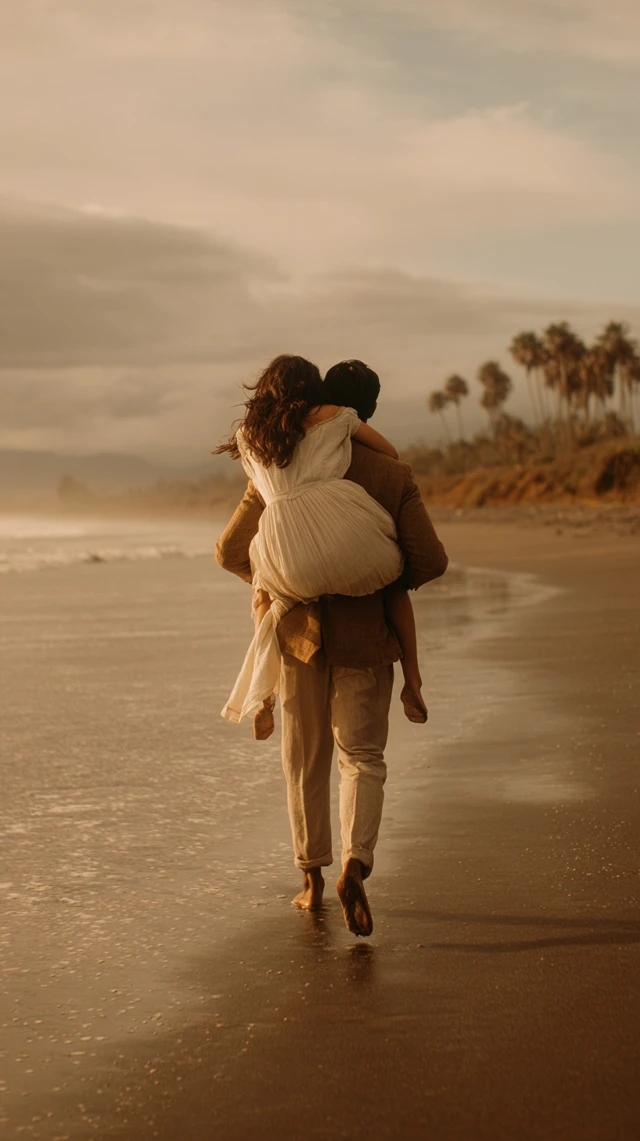 Romantic Beach Scene Golden Hour Couple Walking