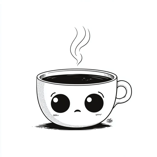 Cute Sad Coffee Cup Kawaii Line Art Illustration